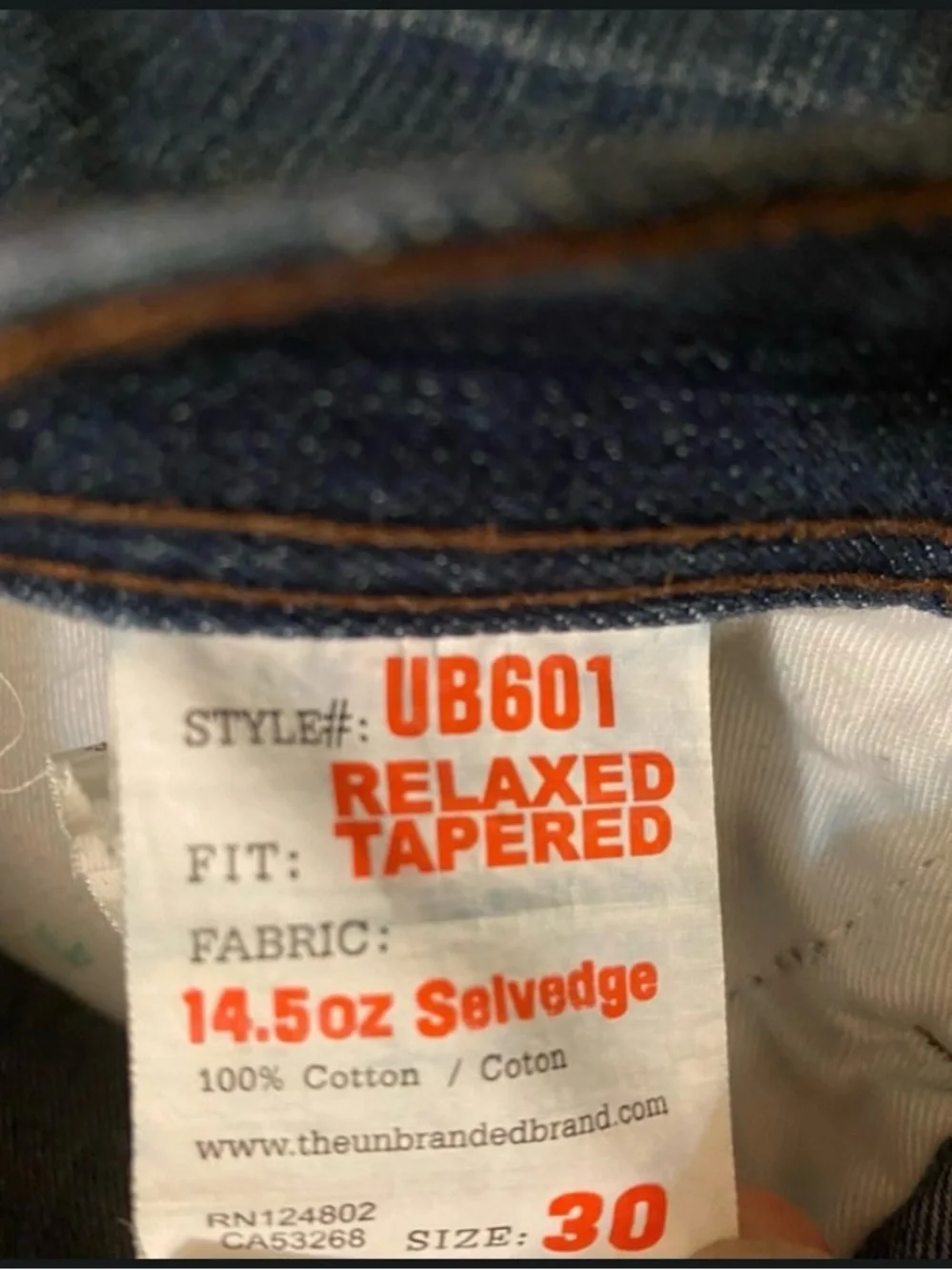 The Unbranded Brand UB601 Relaxed Tapered Selvedge Jeans 30x29 14.5oz Orig.  $99